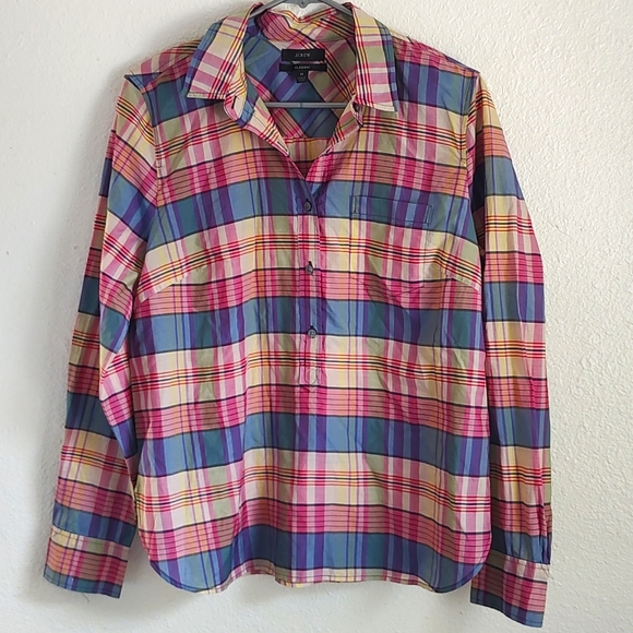 Fisherman Plaid Long Sleeve J.Crew Classic Cotton Silk Blend Pull Over Blouse - Picture 1 of 13